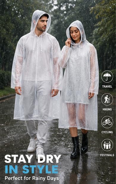 Image of Unisex Waterproof Rain Poncho with Hood | Lightweight Full Sleeve Raincoat for Outdoor Travel, Trekking & Camping | Use Up to 2-3 Times | Multicolor | Free Size | Pack of 2