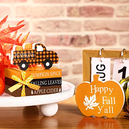 Blulu 5 Pcs Fall Decorations for Home Fall Tiered Tray Decor Thanksgiving Table Decor 3 Mini Faux Decorative Books Bundle with Twine Rustic Wood Pumpkin Truck Signs for Autumn Harvest Office Shelf