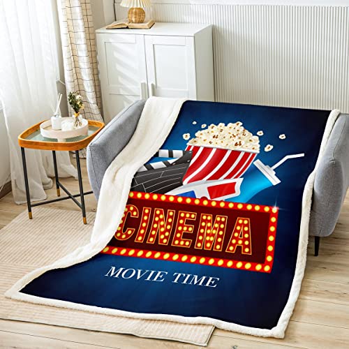 Movie Theater Sherpa Blanket Vintage Cinema Ticket Plush Blanket Filmstrip Printed Home Decorative Fleece Throw Blanket for Bed Sofa Couch Blue Warm Fuzzy Blanket Ultra Soft Room Decor 40"x5