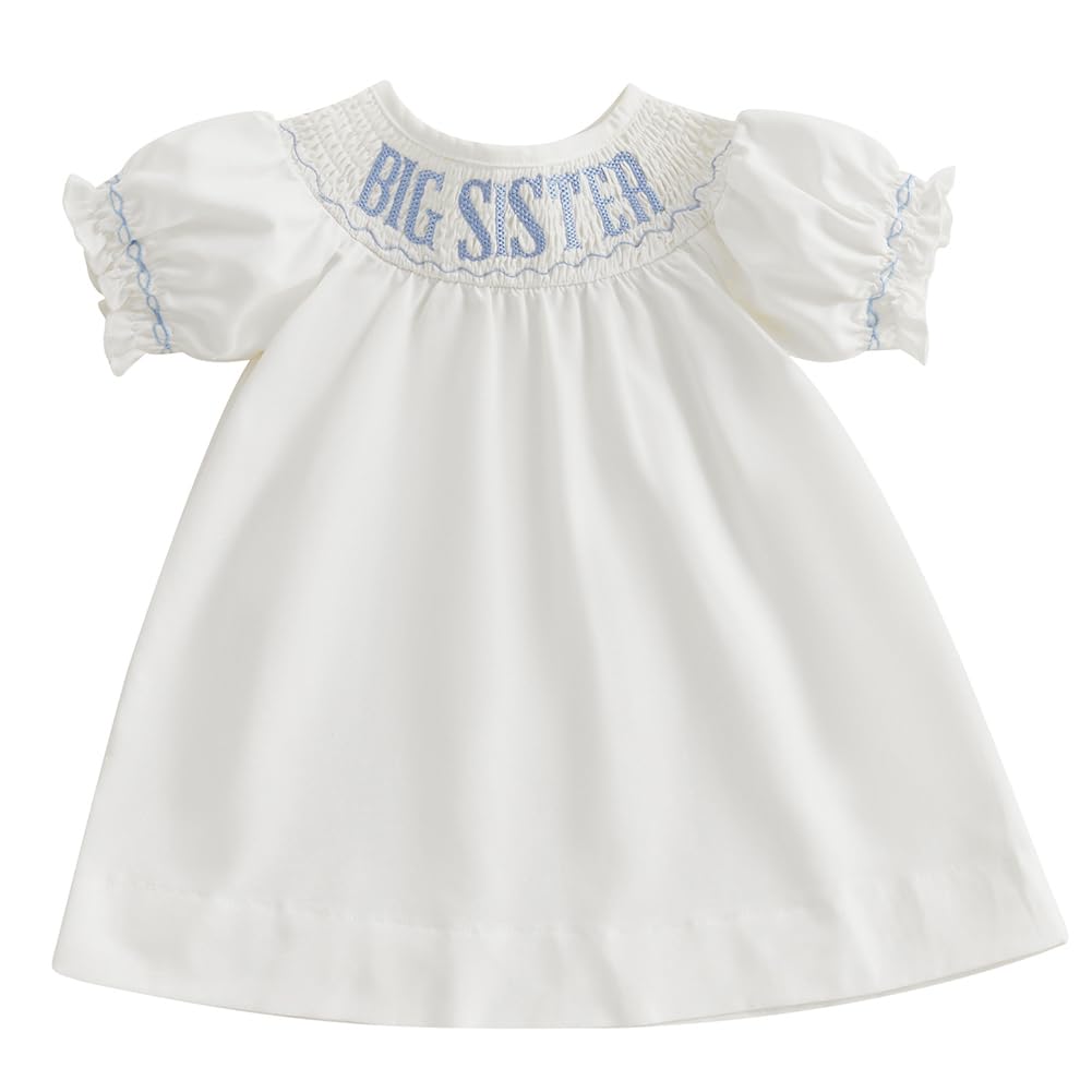 Big Sister Smocked Dress Toddler Little Girls Puff Short Sleeve Letters Embroidery Bishop Dress (Blue, 1-2 Years)