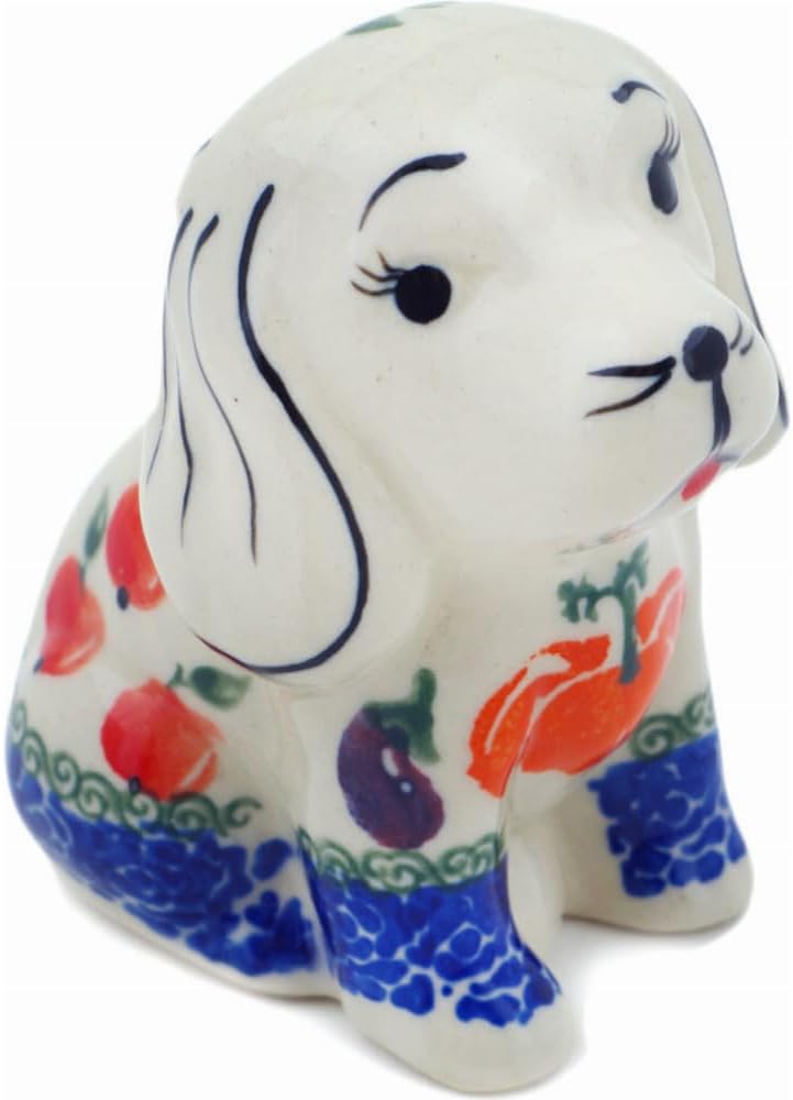 Polmedia Polish Pottery Dog Figurine - Cocentric Tulips Pattern Handmade in Boleslawiec Poland by Ceramika Bona + Certificate of Authenticity
