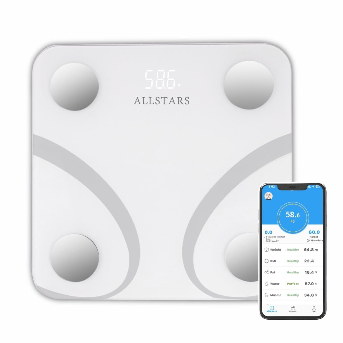 Smart Scale for Body Weight, Fat, BMI, High Precision, 396 lbs Capacity, Large LED Display, Fitness Health Scale, Smartphone App Sync – White