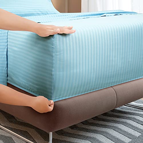 Image of ROYALE LINENS 3 Piece Twin Sheets Set - Soft Brushed 1800 Microfiber - 1 Fitted, 1 Flat Sheet, 1 Pillow case - Wrinkle Free & Fade Resistant - Hotel Luxury Bed Sheets (Stripe Lake Blue, Twin)