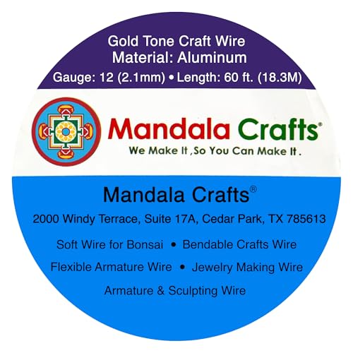 Image of Mandala Crafts 12 Gauge Gold Tone Anodized Aluminum Craft Wire, 60 FT | Colored, Flexible, Bendable, for Bonsai, Armature, Sculpting, Wire Wrapping, Jewelry Making, Weather & Tarnish Resistant