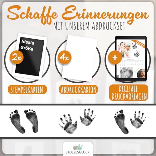 STOLZESGLÜCK Fußabdruck Handabdruck Baby Set inkl. 50 Vorlagen | XXL bis 2 Jahre 7,5cm x 12cm | Stempelkissen geprüfte Qualität Sicher & Sauber Farbe Abdruck-Set Baby ideal für Kinder Hand & Fuß