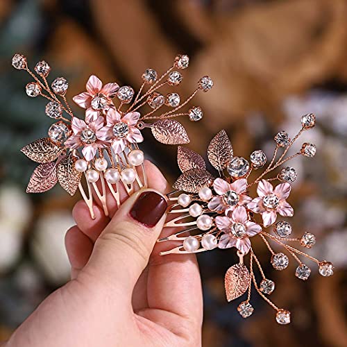 Aukmla Peineta para novia con diseño de flores, color oro rosado, con cristales, para mujeres y niñas