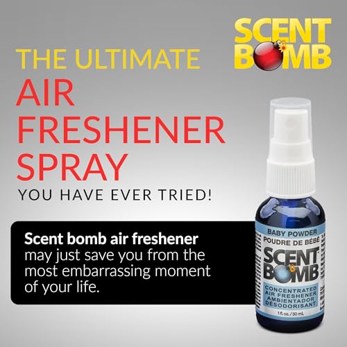 Image of Scent Bomb Air Freshener Spray, Long-Lasting Odor Eliminator - Effective Deodorizer for Home & Car, Fresh Room Spray for Kitchen, Bathroom & Smell Neutralizer - 1 oz Pack of 4, Baby Powder Scent