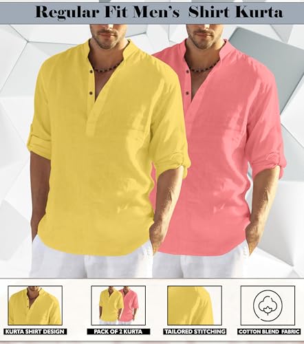 Image of Zombom Men's Combo Cotton Polyester Blend Solid Full Sleeve Straight Regular Fit Mandarin /Chinese Collor Kurta (Pack of 2)