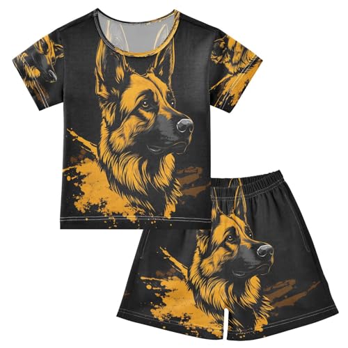 ALAZA Yellow Puppy Dog Black Pajamas Set Short Sleeve Cotton Sleepwear Summer Pjs 2 Piece 5-14Y