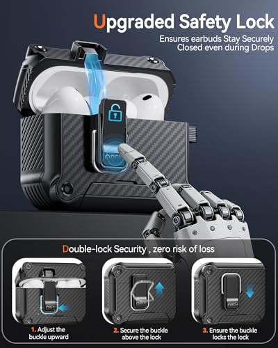 Image of Dual Safety Lock for AirPods Pro 3 Case 2025, Compatible with MagSafe - Designed with Automatic Switch and Phone Stand, Includes a Cleaner & Keychain - Rugged Tough Hard Shell