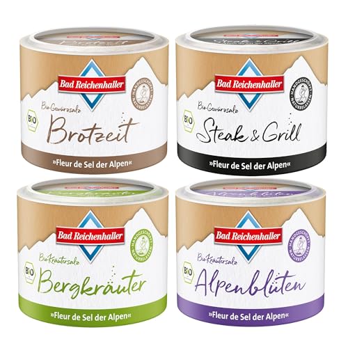 Bad Reichenhaller Fleur de Sel der Alpen 4er Quartett mit BIO-Gewürze | Brotzeit, Steak & Grill,...