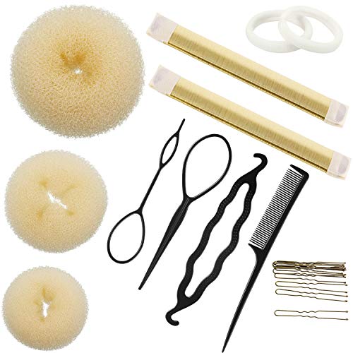 Hair Bun Shaper Set, Include 3 Pieces Hair Bun Donut, 2 Pieces Bun Marker, 4 Pieces Ponytail Hair Tool, 10 Pieces Bobby Pins and 2 Pieces Elastic Bands for Women Kids Hair Bun Maker Kit (Beige)