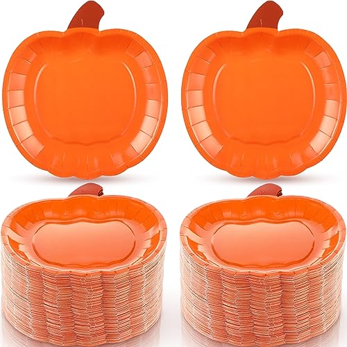 Uiifan 200 Pieces Pumpkin Paper Plates Fall Disposable Plates 7.48 Inch Thanksgiving Themed Orange Party Dinner Plates Orange Pumpkin Shape Plates for Fall Thanksgiving Catering Events Party Favors
