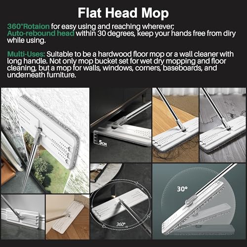 JOYMOOP Mop and Bucket with Wringer Set, Flat Mop and Bucket, Wet and Dry, Includes 5 Reusable Microfiber Mop Pads, Ideal for Hardwood, Laminate Wood Flooring and Tile Cleaning