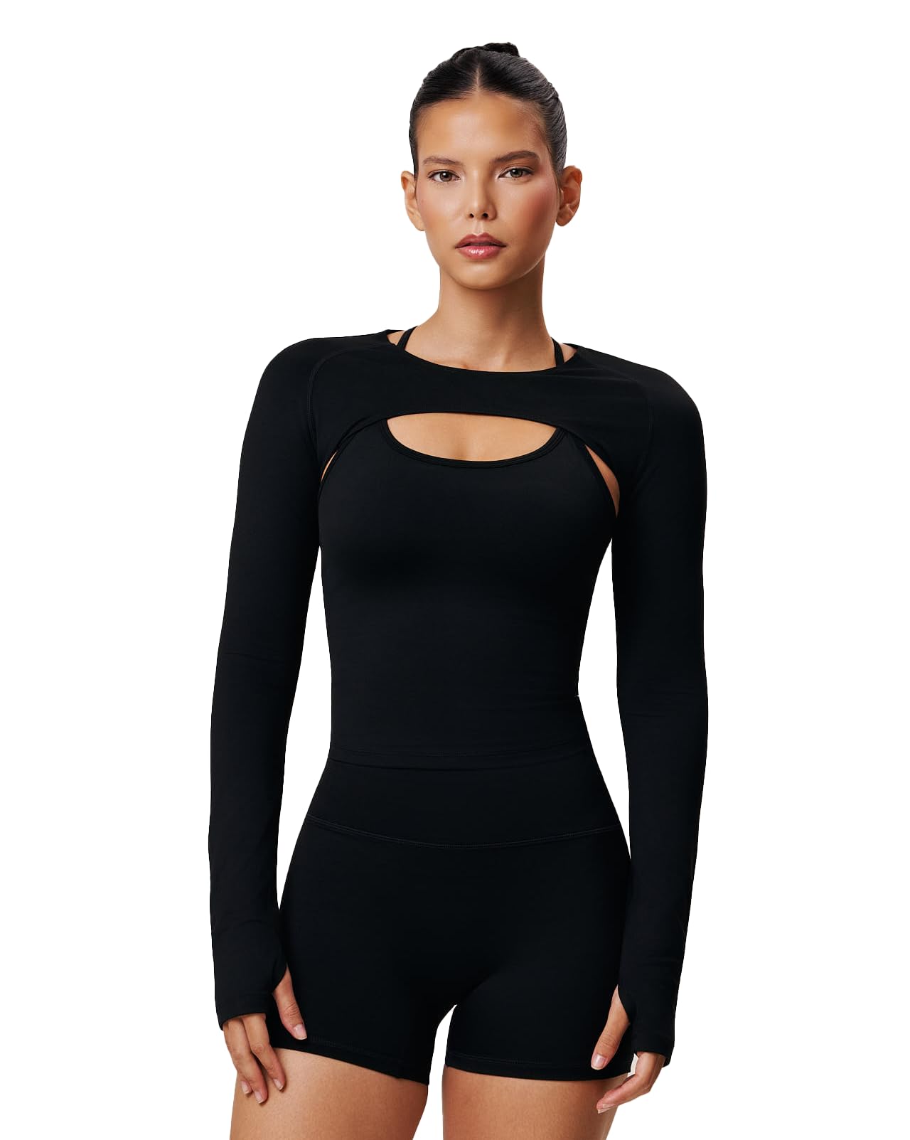 Womens Long Sleeve Workout Shrug in Black Versatile Gym Yoga Cover-Up