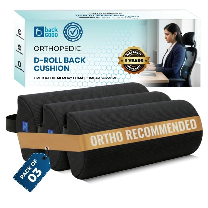 Image of D-Shaped Lumbar Support Roll | 5-Yr-Warranty | Memory Foam | Medical Grade Back Cushion for Lower Back Pain, Sciatica | Office Chair & Car Seat Lumbar Roll(Black)(Set of 3)