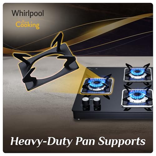 Image of Whirlpool 90cm 4 Burner Gas Stove | GRANDIOSA ULTRA LOTUS 904 CT BR | SABAF Brass Burners & Valves | 8mm Toughened Glass Top | Dual-Tone Designer Knobs | 10 Yr Burner & 5 Year Glass Warranty | Black