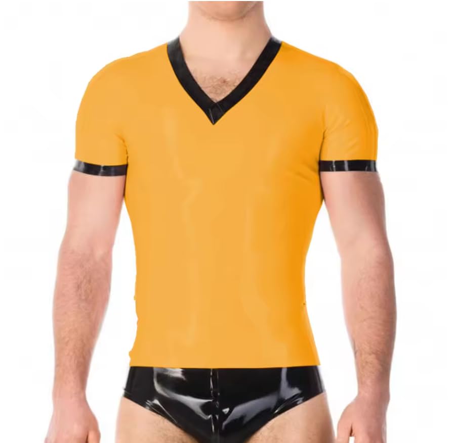 Męskie PVC skóra Wetlook krótki rękaw rozciągliwy klub nocny dekolt w serek męskie topy odzież klubowa męska obcisła koszulka personalizacja