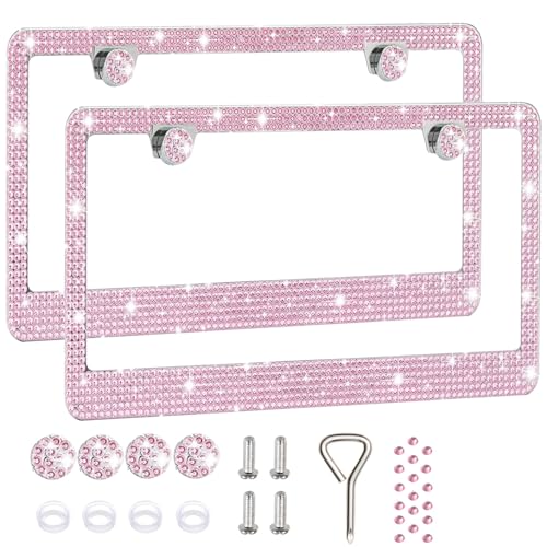 2 Pack License Plate Frames for Women, Sparkly Rhinestone Diamond Car Accessories with Glitter Crystal Caps (Pink (2PCS))
