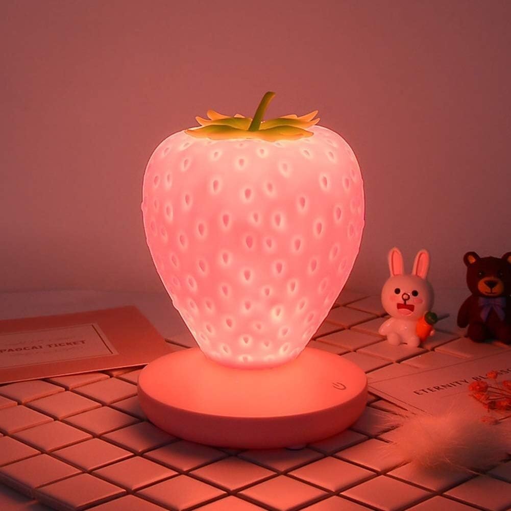 NORHI Strawberry Lamp, LED Cute Silicone Strawberry Night Lamp, Bedside Color Changing Lamp, 3 Modes Touch, for Living Room Bedroom (Color : Pink)