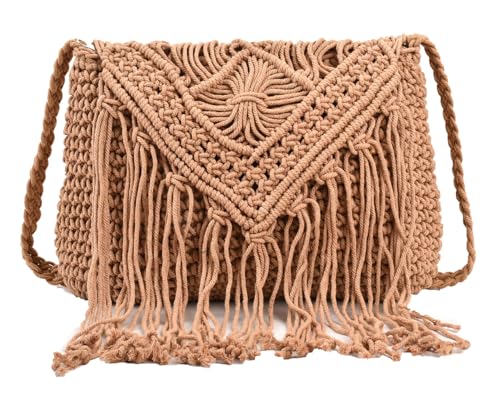 Crochet Crossbody Purse for Women Macrame Hobo Purse Handwoven Boho Summer Beach Shoulder Bag Tassels Crochet Tote Handbag