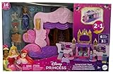 Mattel Disney Princess Carriage to Castle Transforming Playset with Aurora Small Doll, 3 Levels, 6 Play Areas, 4 Figures, Furniture & Accessories, HWX17