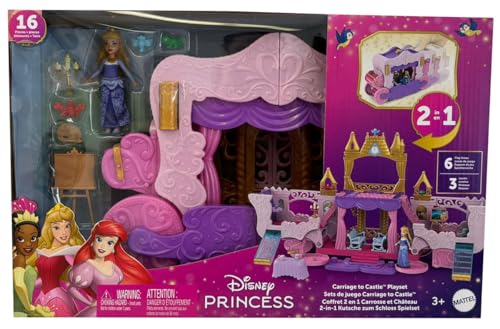 Mattel Disney Princess Carriage to Castle Transforming Playset with Aurora Small Doll, 3 Levels, 6 Play Areas, 4 Figures, Furniture & Accessories, HWX17