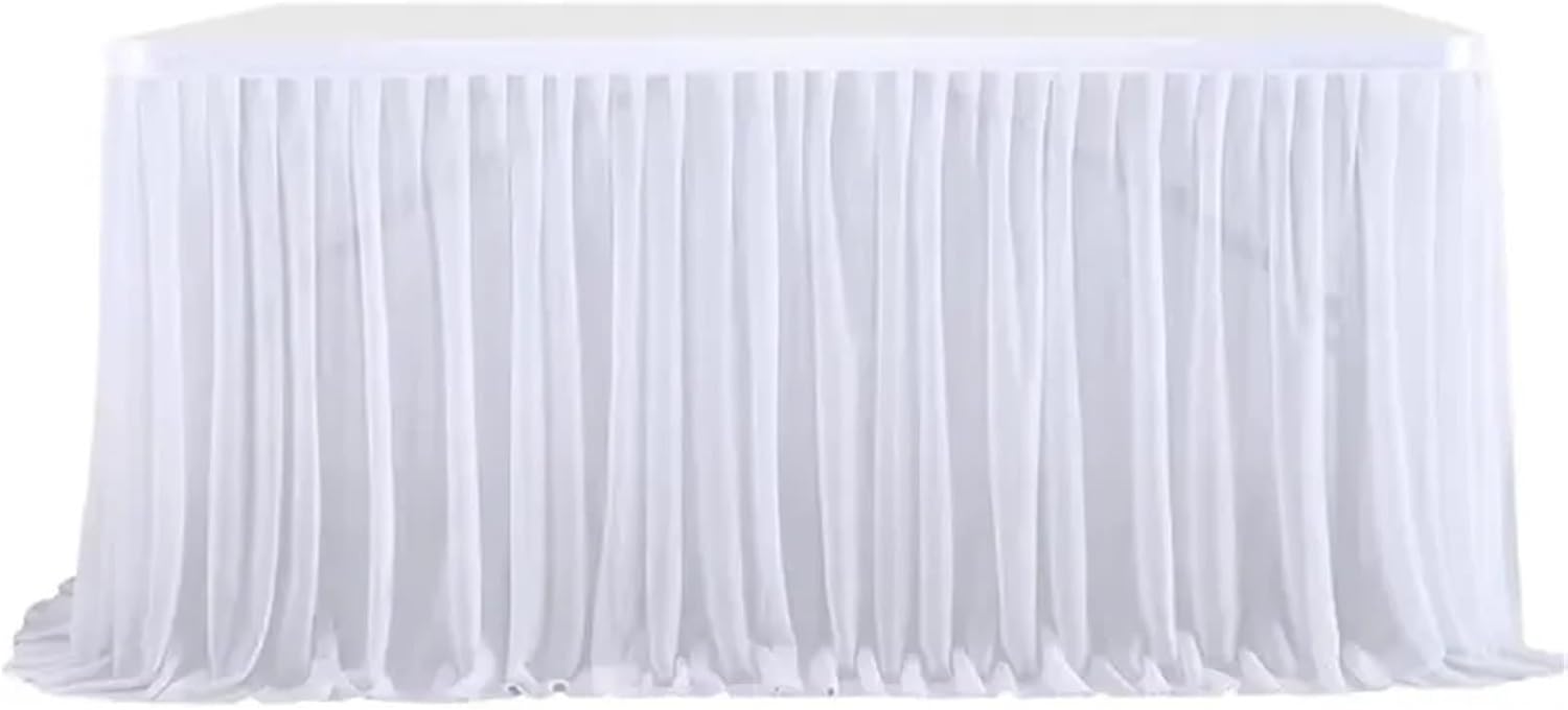Party Table Skirt Glitter Pearl Chiffon Table Skirt 6FT Guaze Ruffle Dining Skirts For Wedding Party Dessert Banquet(White 01,77x275cm 9FT)