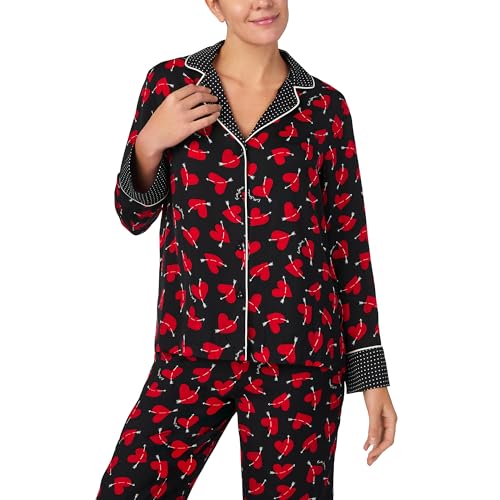 kate spade new york Women's 2-Piece Pajama Set, Notch Collar Long Sleeve Top & Pants, Contrast Cuffs, Silky Charmeuse2