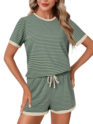 Image of LYANER Pajama Set for Women 2 Piece Lounge Set Striped Crew neck Short Sleeve Tops and Shorts Soft Sleepwear