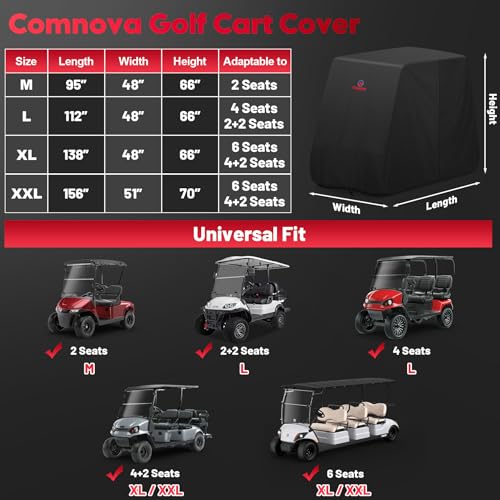 Comnova Golf Cart Cover 4 Passenger - 600D Waterproof Golf Carts Enclosure with Zipper, Windproof & UV Resistant, Outdoor Golf Cart Cover Universal Fit EZGO, Club Car, Yamaha up to 112"L x 48"W x 66"H - image 3