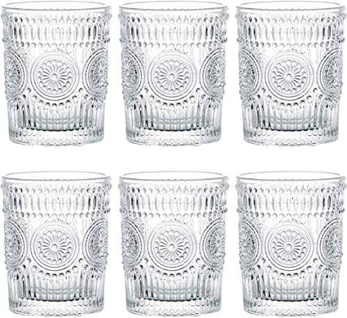 MEETOZ 6 Pack 9.5 oz Romantic Water Glasses, Premium Drinking Glasses Tumblers, Vintage Glassware Set for Whisky, Beer, Juice, Beverages, Cocktail