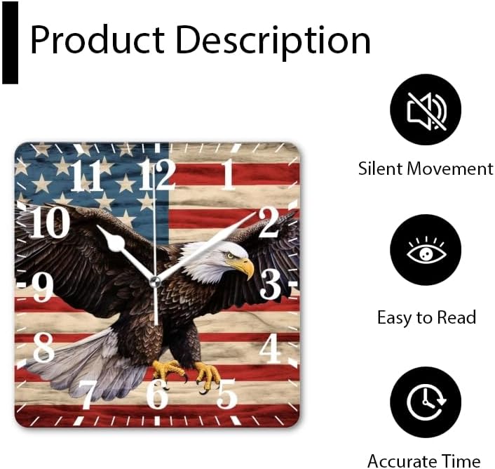 Battery Operated Square Wall Clock Non-Ticking Silent Analog Clcoks Decorative for Living Room,Office,Kitchen-Bald Eagle in Front of The American Flag(16inch)