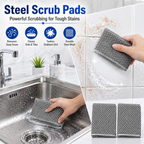 Image of PulGos 7-in-1 Bathroom Cleaning Kit | 2 Toilet Brushes-Hockey & Round Style | with 3 Self-Adhesive Wall Hooks & 2 Steel Scrubber Pads | Washroom's Deep Cleaning Brush Set for Western & Indian Toilets