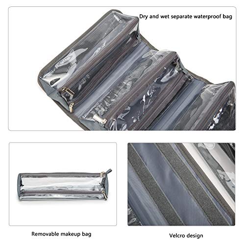 ROYALFAIR Hanging Toiletry Bag with Durable Hook Roll-Up Make Up Organizer and Travel Bag - 4 Removable Cosmetic Bags Suit for Men or Women (Grey)