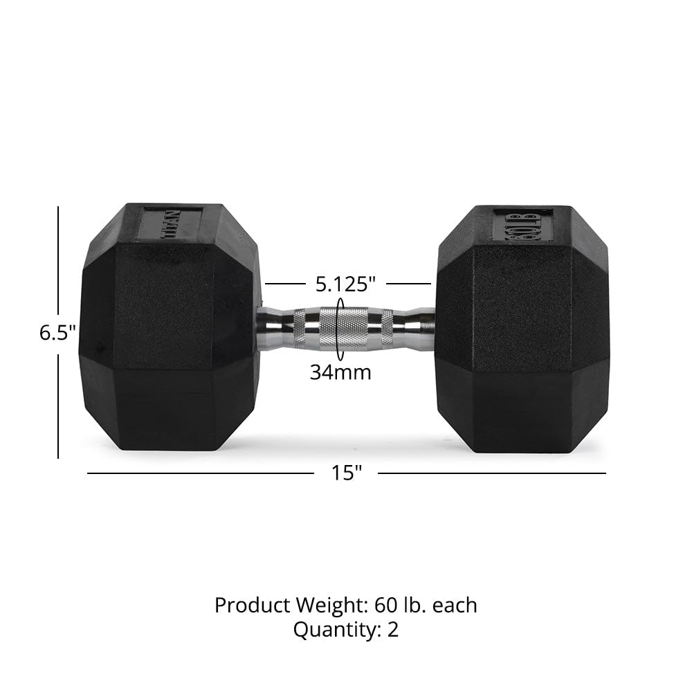 Titan Fitness 60 LB Pair Free Weights, Black Rubber Coated Hex Dumbbell, Ergonomic Cast Iron Handle, Strength Training