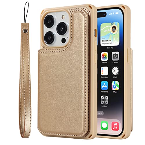 Image of Cavor for iPhone 14 Pro Wallet Case with Card Holder for Women Men,Phone Case for iPhone 14 pro with Stand Credit Card Holder, Leather Strap Shockproof Cover- Golden