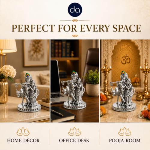 Image of 999 Silver Radha Krishna Idol with Cow - 4 Inch | Radhe Krishna Murti for Wedding for Couple, House Warming Gifts for Pooja Room