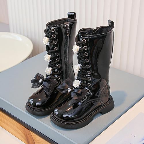 Girls Boots Winter Lace Up Side Zipper PU Leather Riding Boots with Bowknot Fashion Kids Mid Calf Waterproof Boot2