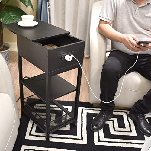 Szlhanjz Slim End Table, Narrow Nightstand With Charging Station, Slide Open Sofa Bed Side Table With Drawers Storage Shelf, 3-Tier Wood & Metal Modern Nightstand For Home Office Dorm, Black #TOP6
