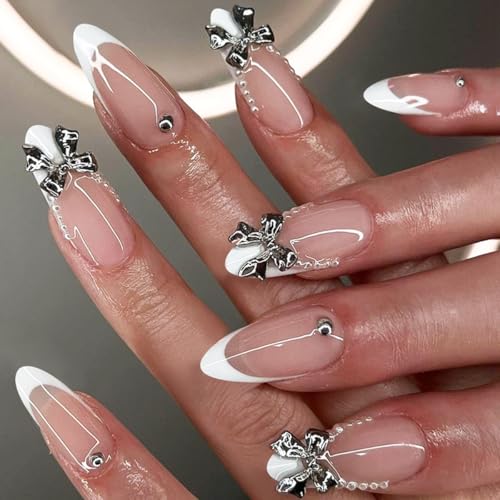 White French Tip Press on Nails Almond Fake Nails Medium False Na...