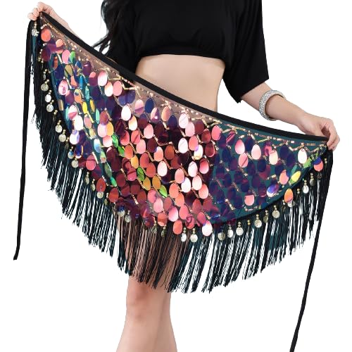 MUZIZY Danza del Vientre de Las Mujeres encriptado Hilado Tejido dinámico Flecos Lentejuelas Curvado Borla Caderas Bufanda Mangas Rectas Suelta Top Rendimiento Traje para Las niñas,Colorful Blue