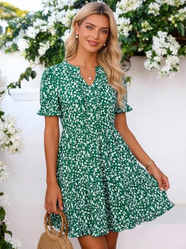 Berydress Beach Dresses for Women 2026 Vacation Outfits Short Sleeve V Neck Summer Sundress Tiered Ruffle Green Floral Print Casual Boho Dress(L,6316-Green Flo) — view 3