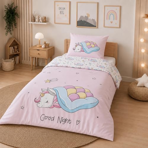 termana Einhorn Bettwäsche 135x200 Kinderbettwäsche Mädchenbettwäsche in rosa Kissenbezug 80x80 + Bettbezug 135x200 süße Teenager-Bettwäsche
