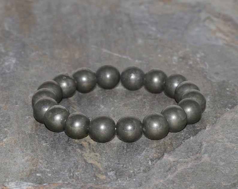 LKBEADS Naturalny piryt koralik kamień szlachetny okrągły 10 mm gładki 18 cm koraliki rozciągliwa bransoletka kryształ uzdrawiający energia kamień bransoletka dla kobiet i mężczyzn regulowany rozmiar,