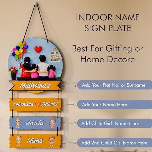 Image of P Arts Personalized Family Name Plate with 3D Illusion UV Print | Customized Wooden MDF Name Board for Indoor Home Entrance | Includes Self-Adhesive Sticky Hook for Easy Installation (Couple + 2 Girls)