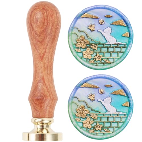 LONBEIIFY Cat Flower Wax Seal Stamp, 25mm Removable Brass Stamp Head with Wood Handle, Great for Wedding Invitations, Envelopes, Wine Packages, Gift Wrapping