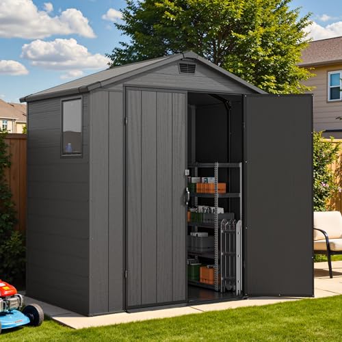 Image of Devoko 6x4 FT Resin Storage Shed with Floor, Waterproof Tool Storage Shed with Lockable Door for Patio, Garden, Backyard, Dark Gray