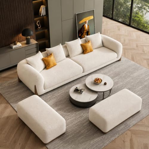 Image of Modern Boucle Sofa for Living Room Bedroom Reception and Office Wooden Polished Leg Sofa for Living Room (Off White, 3 Seater +Ottoman Set)