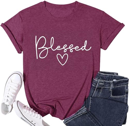 La mejor comparación de Americana corte ingles para comprar online. 17 Bealatt Blessed - Camiseta de Manga Corta para Mujer, diseño de corazón, con Texto en inglés Thankful, Morado, L